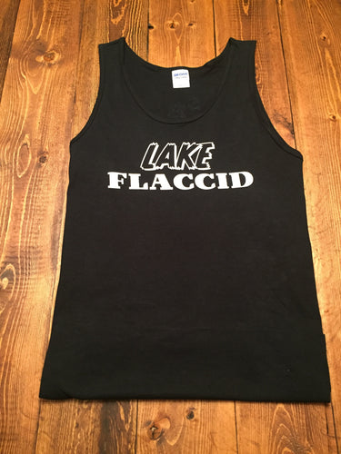 Turn every lake into Lake Flaccid with the black Lake Flaccid Gildan Ultra Cotton tank with white text