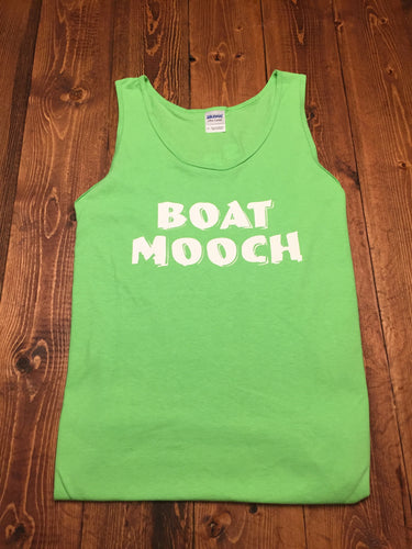 Our Boat Mooch tank is lime green Gildan Ultra Cotton that pops with a little white text.