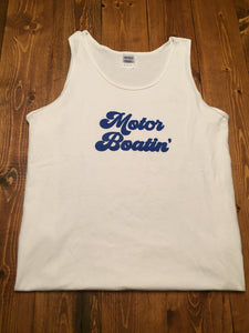 Our Motor Boatin' tank is white Gildan Ultra Cotton that pops with a little blue text.