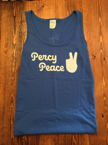 Our Percy Peace tank is royal blue Gildan Ultra Cotton women's fit that pops with a little white text. 